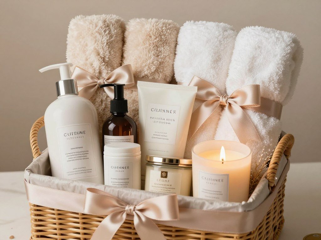 Luxurious self-care gift basket with bath products, candles, and relaxation items beautifully arranged for mom's birthday Luxurious self-care gift basket with bath products, candles, and relaxation items beautifully arranged for mom's birthday