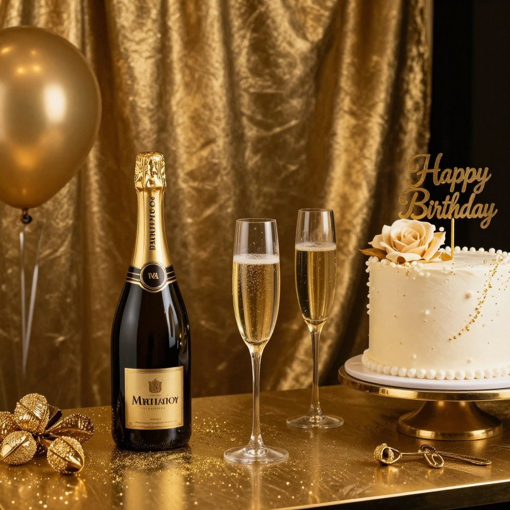 Luxury birthday setup with gold elements and champagne for happy birthday wishes pics Luxury birthday setup with gold elements and champagne for happy birthday wishes pics