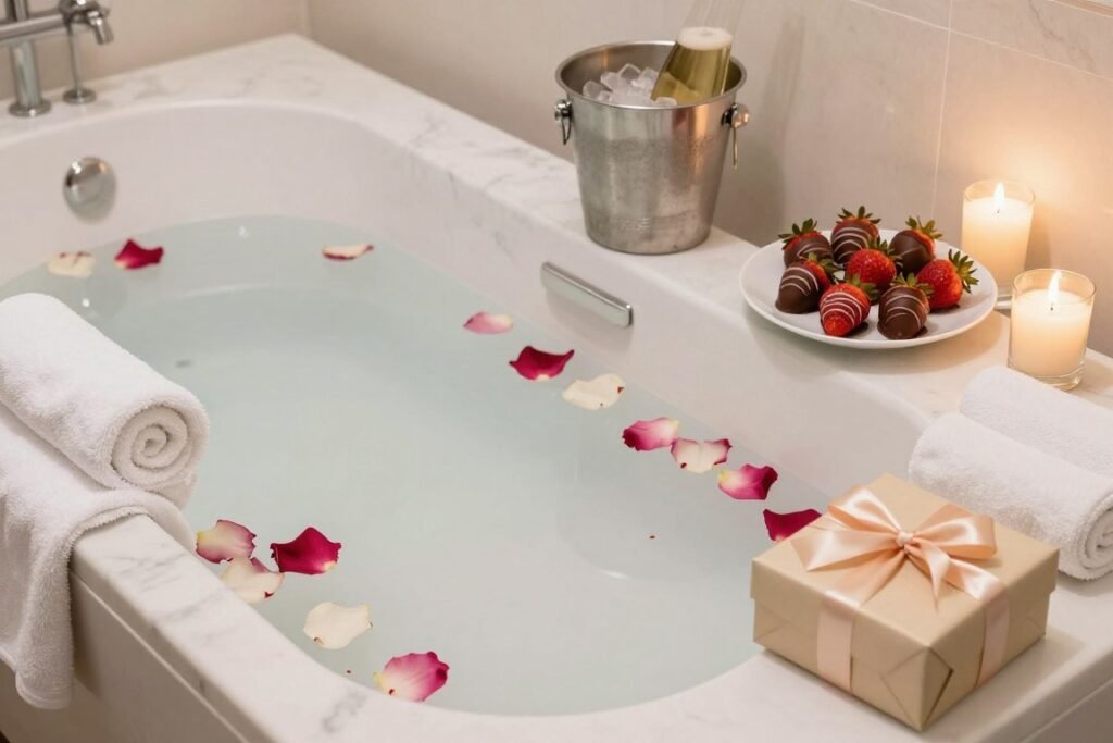 Luxury spa birthday setup with rose petals for happy birthday beautiful celebration