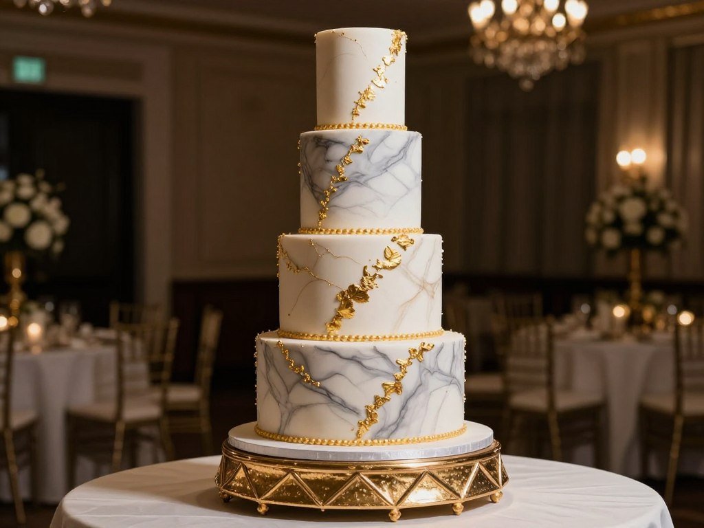 Luxury wedding cake with gold leaf details and marble effect fondant