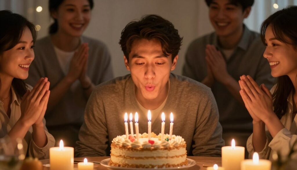 Man blowing out candles on birthday cake surrounded by loved ones, happy birthday male moment