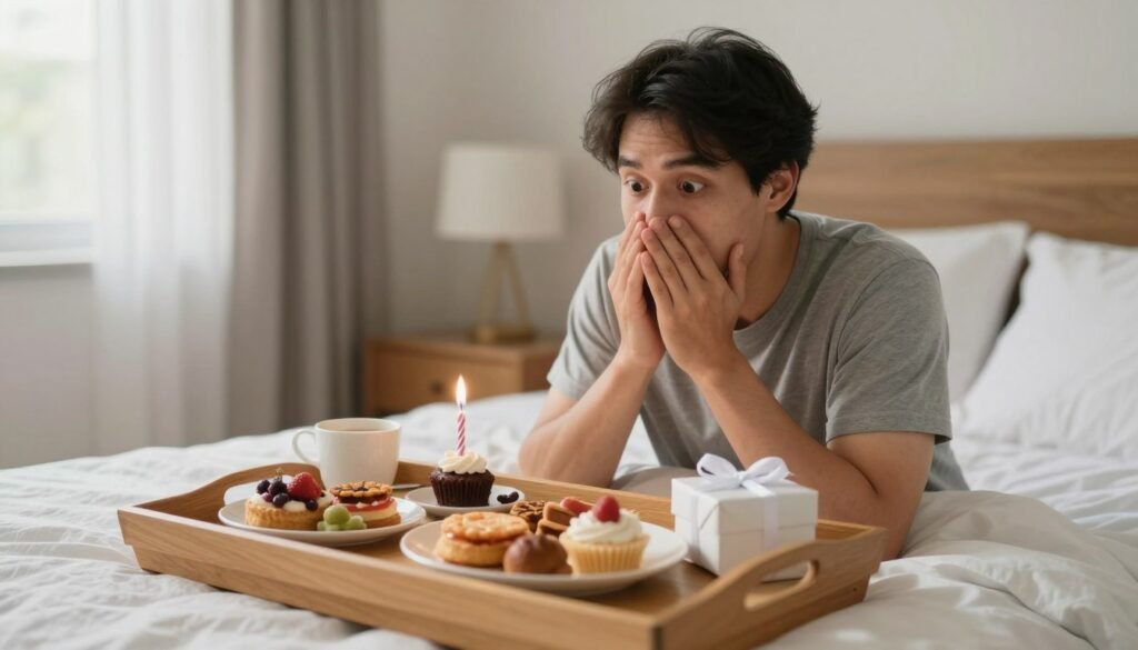 Man enjoying a surprise birthday breakfast in bed, happy birthday male celebration