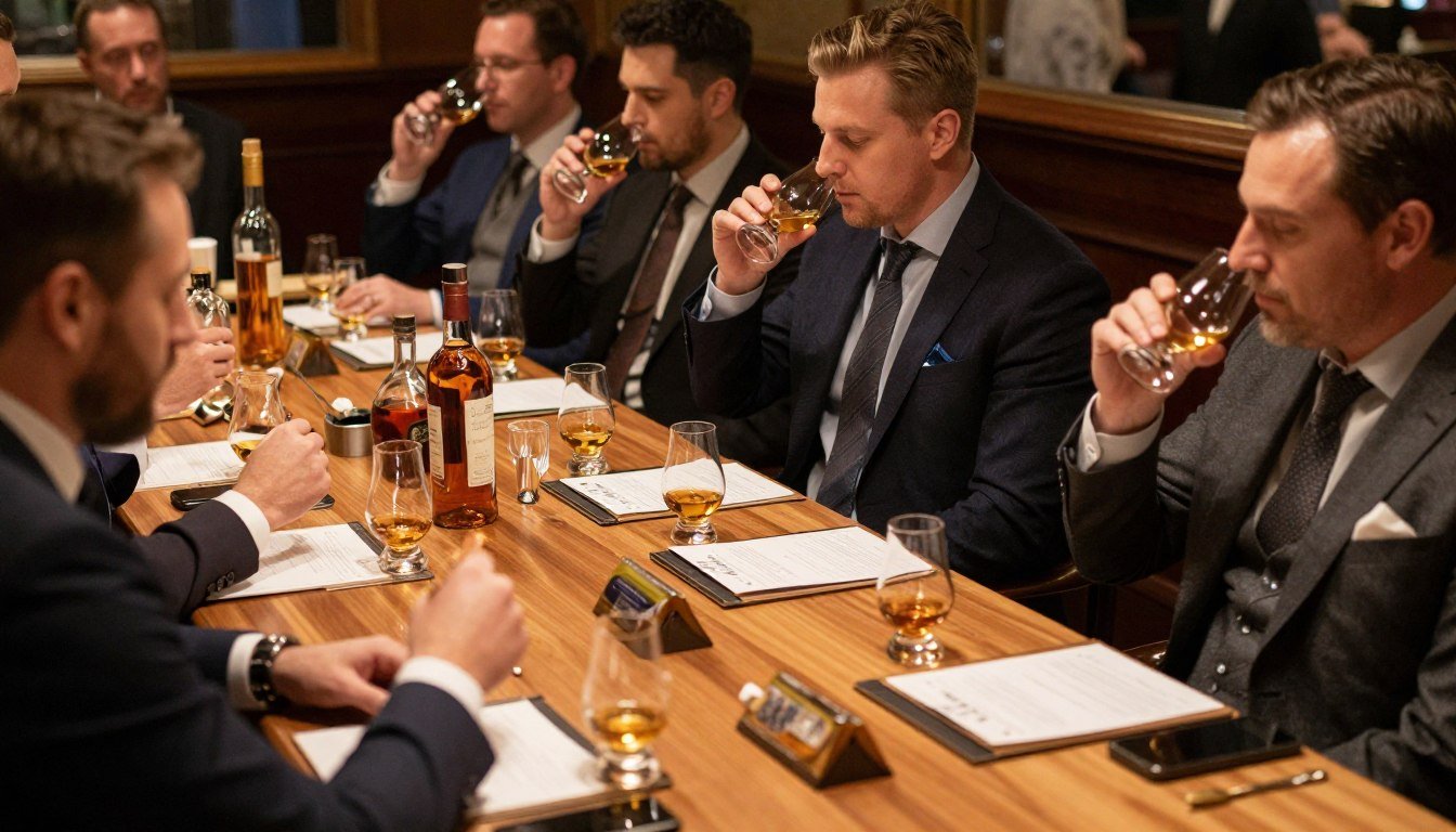 Man enjoying a whiskey tasting birthday party with friends, happy birthday male celebration