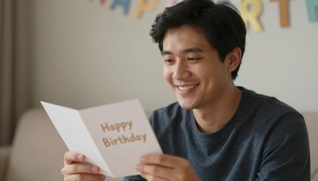 Man reading a birthday card with a smile Man reading a birthday card with a smile