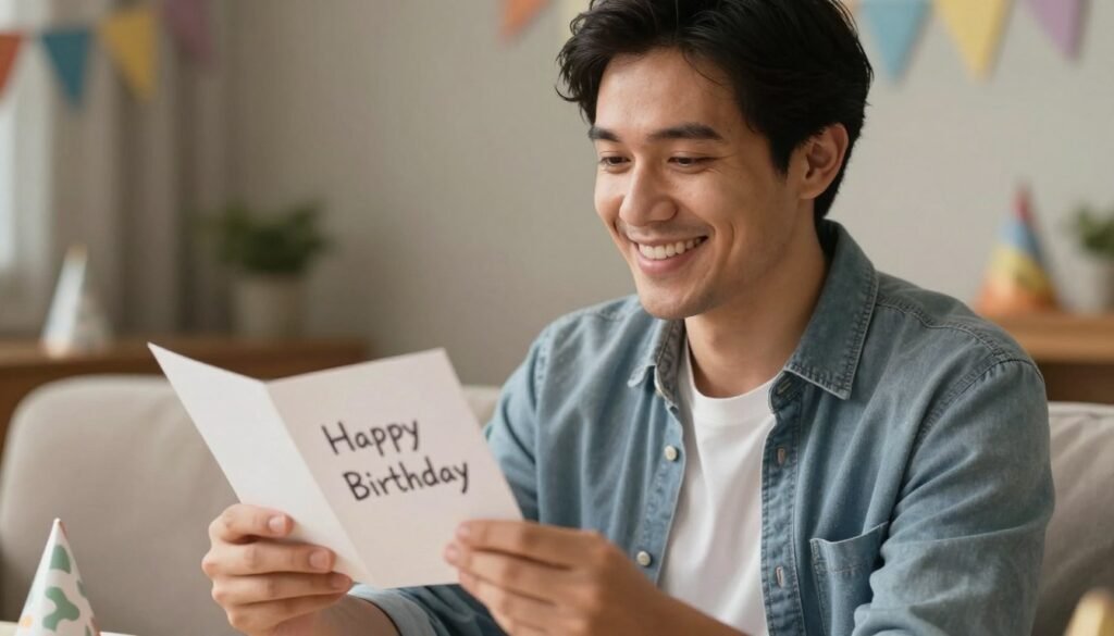 Man reading a heartfelt birthday card with a smile, happy birthday male wishes