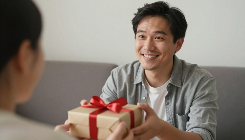 Man receiving a belated birthday gift with a smile Man receiving a belated birthday gift with a smile