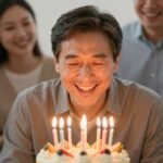 Man smiling while blowing out birthday candles on a cake with loved ones surrounding him