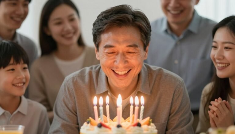 Man smiling while blowing out birthday candles on a cake with loved ones surrounding him