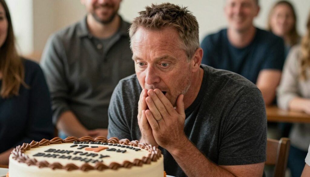Man smiling with surprise and appreciation at his personalized birthday cake surrounded by friends and family