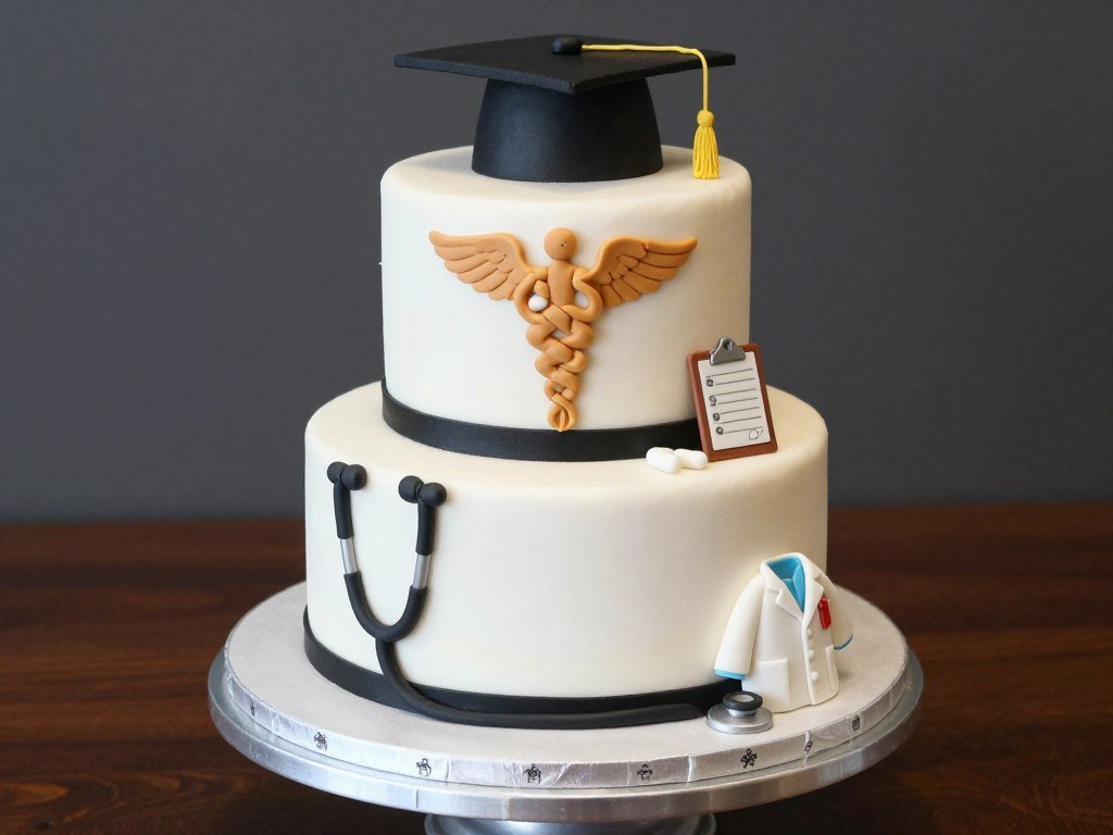 Medical school graduation cake with stethoscope and medical symbols