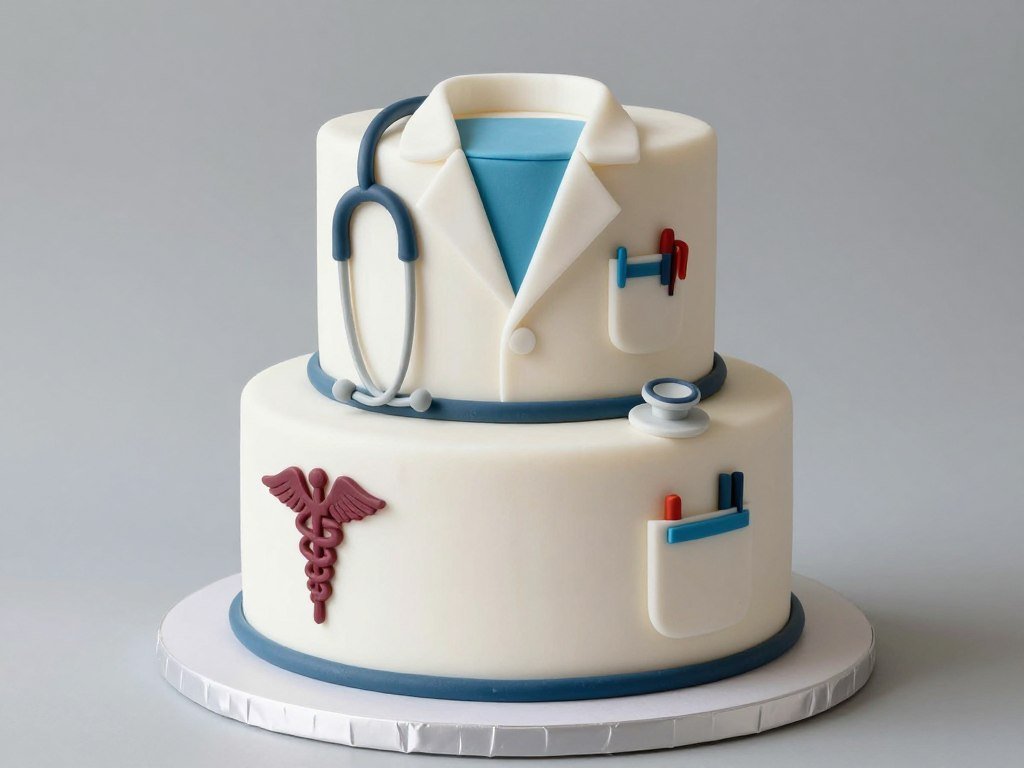 Medical-themed cake with fondant stethoscope, medical symbols, and professional details