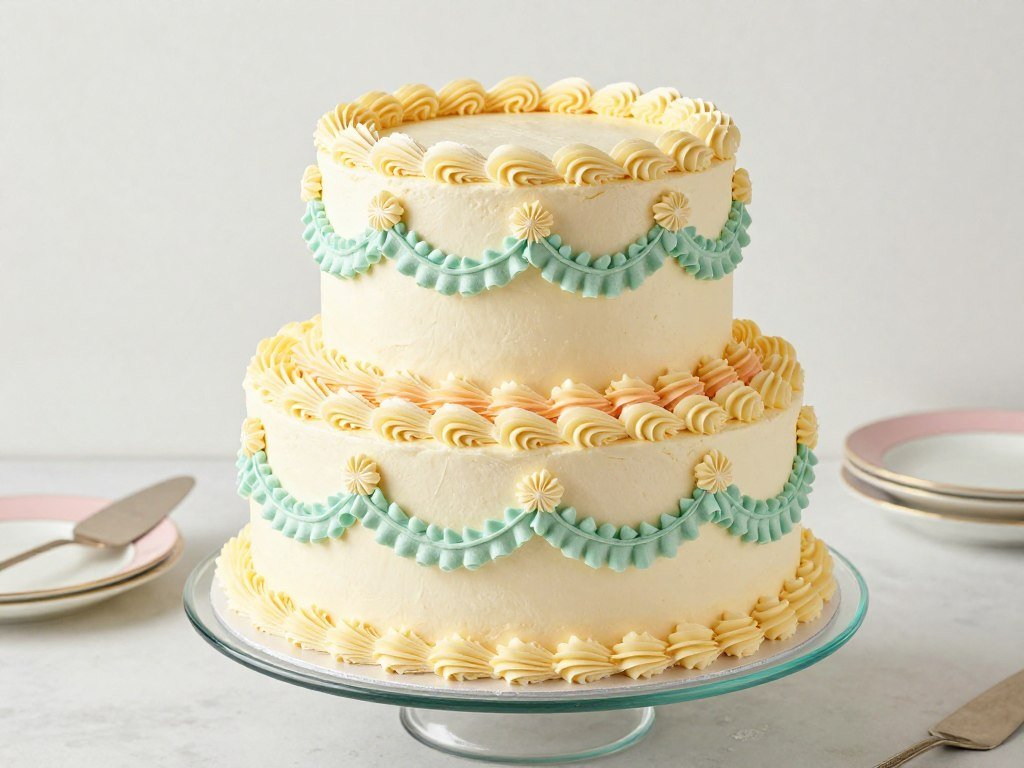 Mid-century vintage cake design with buttercream rosettes and classic shell borders