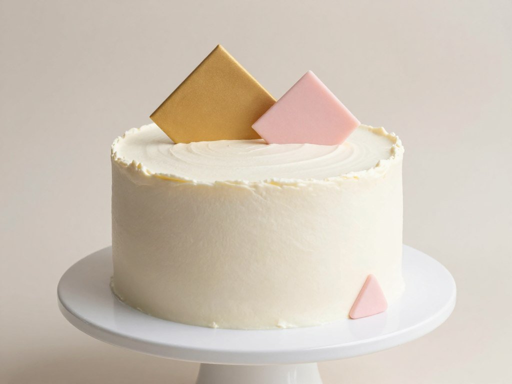 Minimalist bento cake design with smooth white buttercream and simple geometric decorations