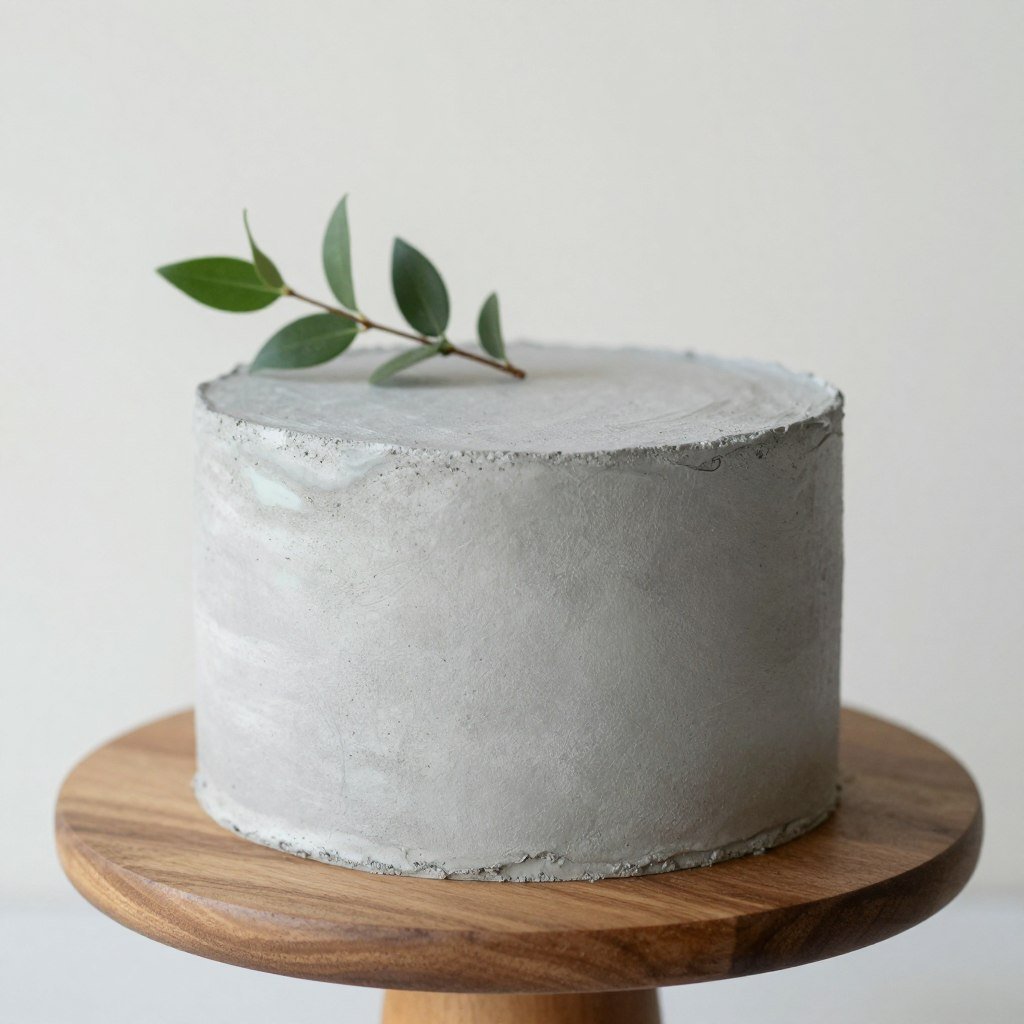 Minimalist concrete-textured cake with single fresh greenery sprig