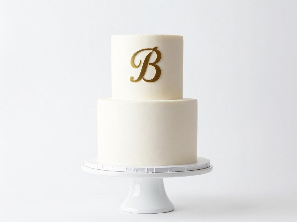Minimalist white baby shower cake with single gold monogram