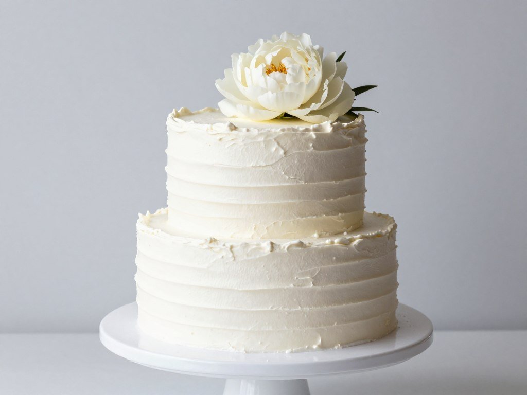 Minimalist white birthday cake with subtle texture and single fresh flower Minimalist white birthday cake with subtle texture and single fresh flower