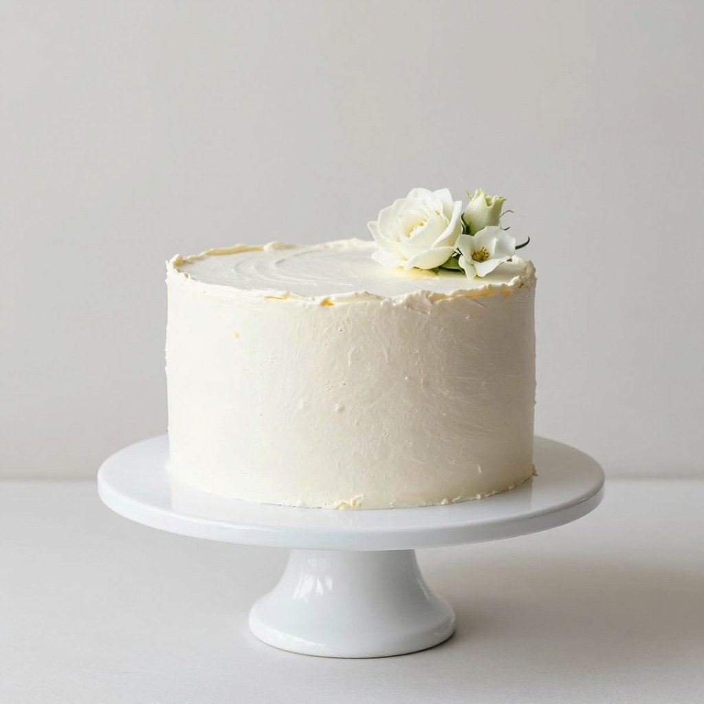 Minimalist white cake with subtle texture and single fresh flower accent