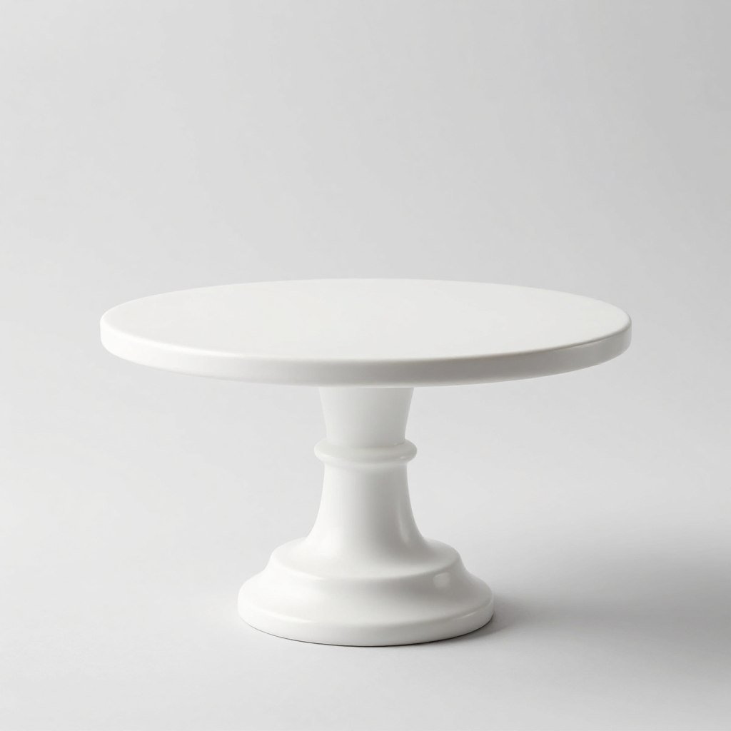 Modern cake on minimalist white pedestal stand with clean styling