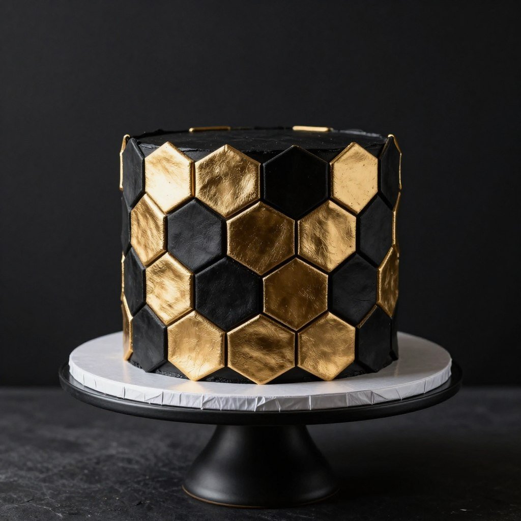 Modern cake with gold hexagon pattern on black fondant