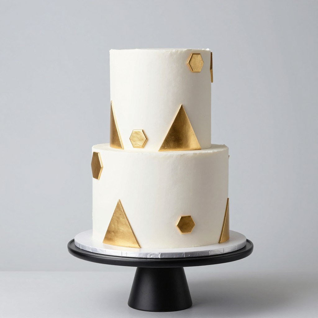 Modern geometric birthday cake with gold accents and angular designs Modern geometric birthday cake with gold accents and angular designs
