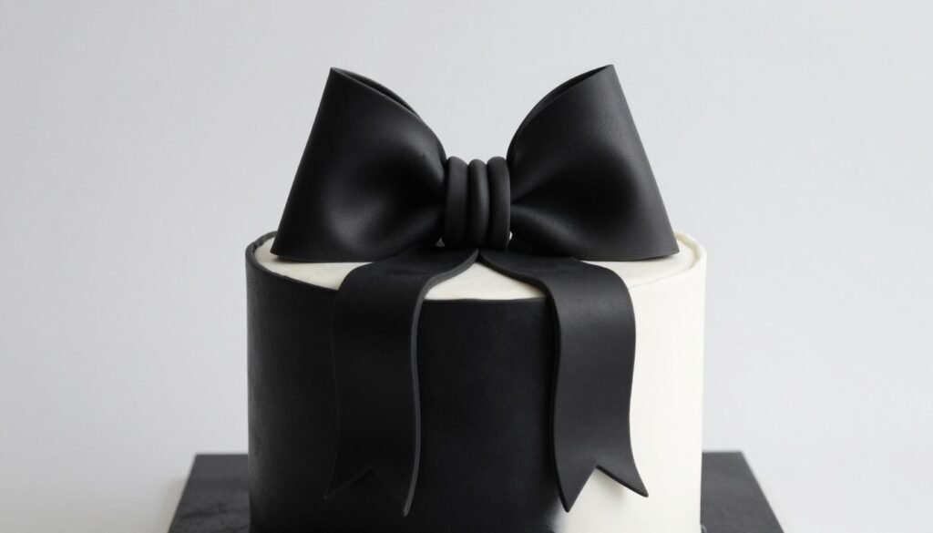 Modern geometric bow cake design in black and white