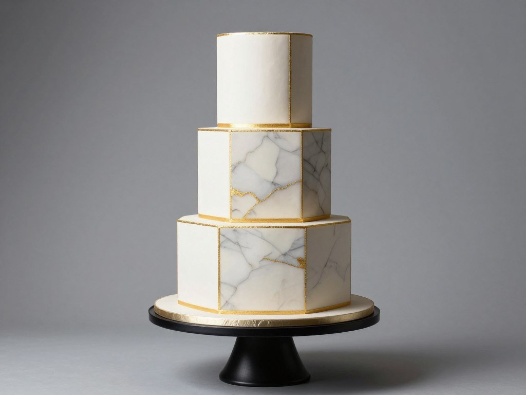 Modern geometric fondant cake with gold and marble effect panels