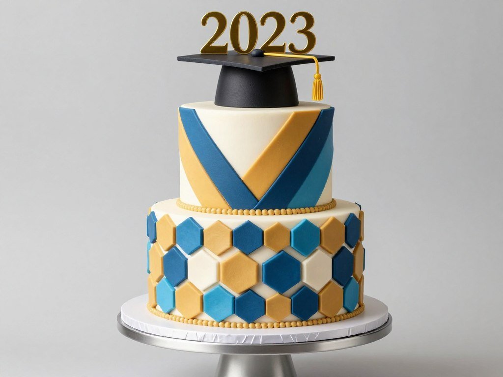 Modern geometric graduation cake with bold patterns and colors