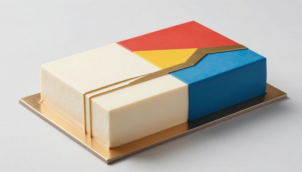 Modern geometric sheet cake with bold colors and gold accents in a contemporary design