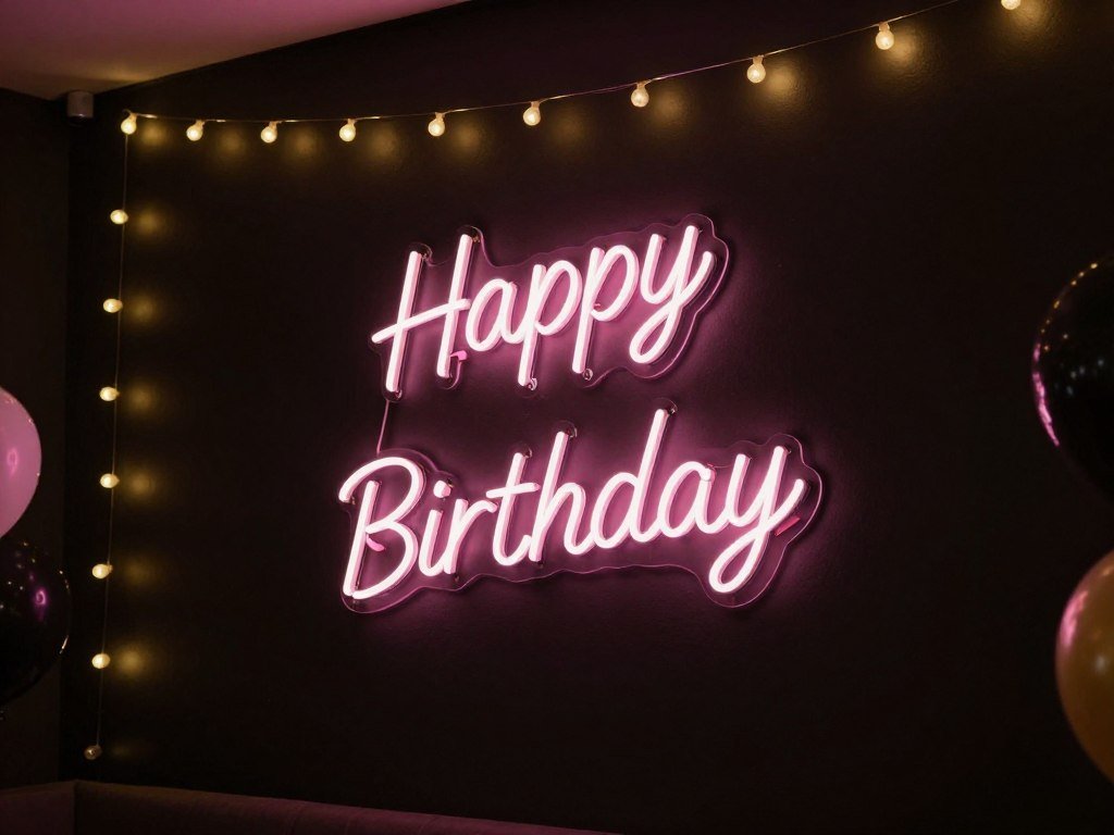 Modern party setup with happy birthday neon sign against dark wall with string lights Modern party setup with happy birthday neon sign against dark wall with string lights