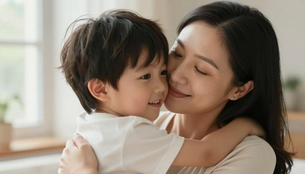 Mother and adult child sharing a warm embrace, capturing the enduring bond of love and appreciation Mother and adult child sharing a warm embrace, capturing the enduring bond of love and appreciation