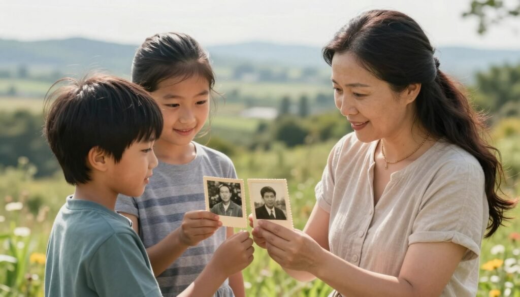Mother and adult children on a scenic day trip, looking at old photographs at a meaningful location from mom's past Mother and adult children on a scenic day trip, looking at old photographs at a meaningful location from mom's past