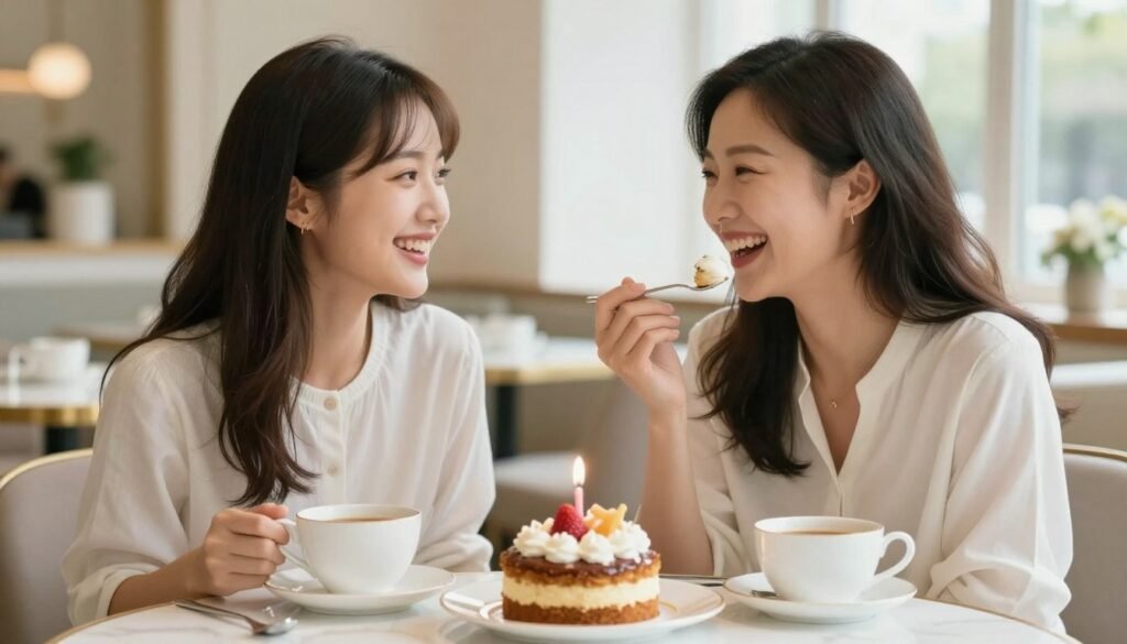 Mother and adult daughter enjoying afternoon tea at an elegant café, laughing together with birthday cake on the table Mother and adult daughter enjoying afternoon tea at an elegant café, laughing together with birthday cake on the table