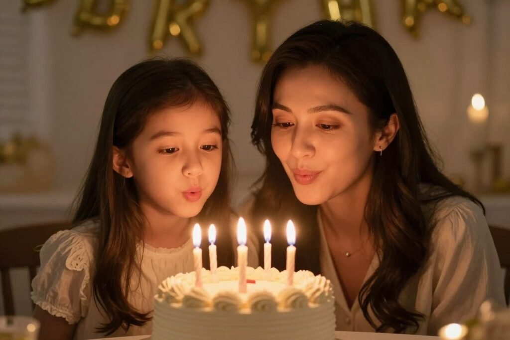 Mother and daughter blowing out birthday candles together, creating a special tradition Mother and daughter blowing out birthday candles together, creating a special tradition