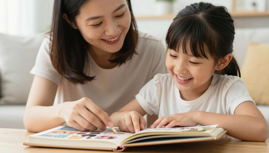 Mother and daughter creating a scrapbook together, sharing laughter and memories on mom's birthday Mother and daughter creating a scrapbook together, sharing laughter and memories on mom's birthday