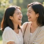 Mother and daughter embracing and laughing together outdoors with sunlight filtering through trees
