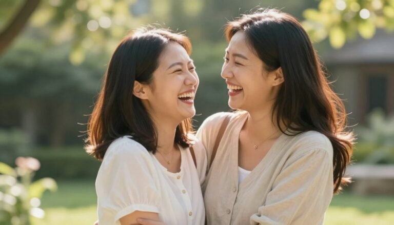 Mother and daughter embracing and laughing together outdoors with sunlight filtering through trees