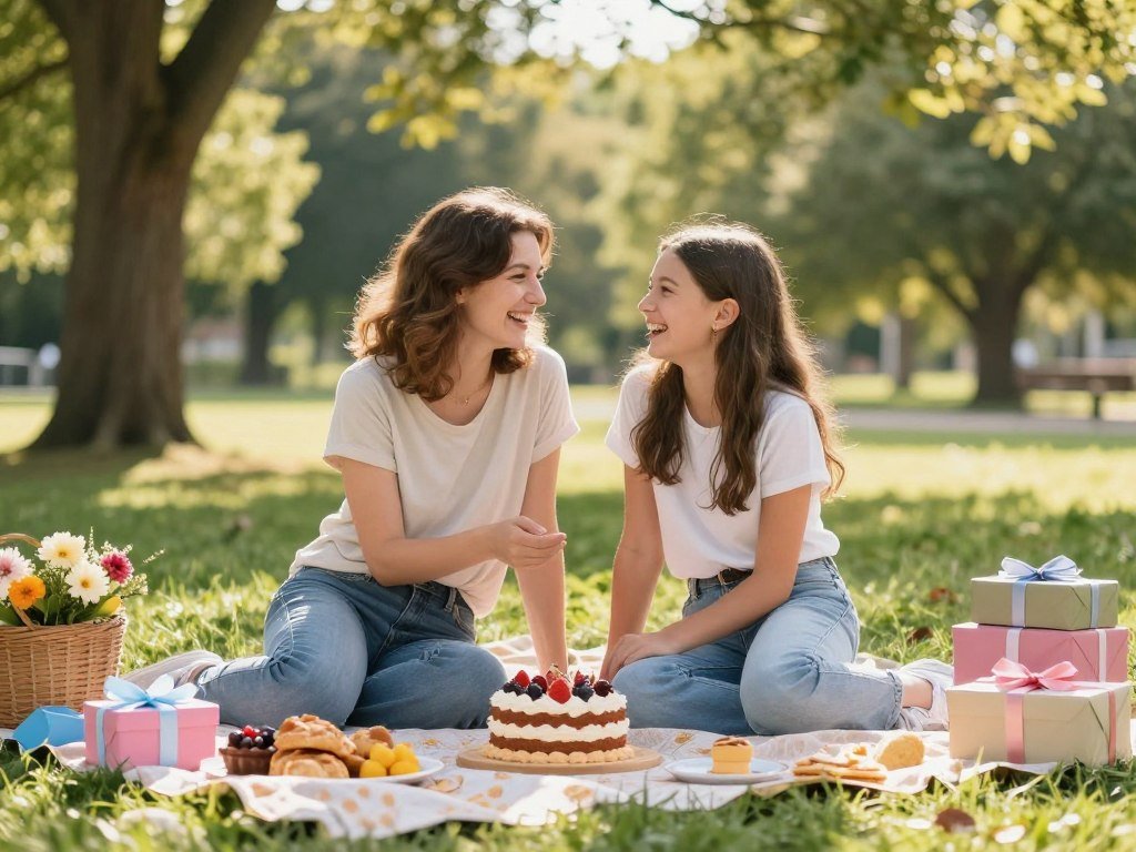 Mother and daughter enjoying a birthday picnic in a beautiful park setting Mother and daughter enjoying a birthday picnic in a beautiful park setting