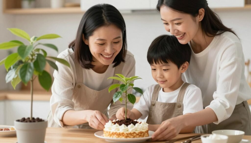 Mother and son continuing birthday tradition together, representing happy birthday son from mom customs