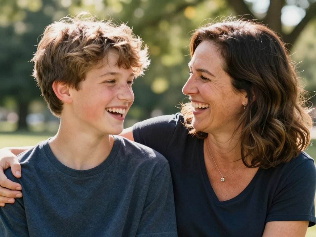 Mother and son laughing together outdoors, showing their special bond on his happy birthday