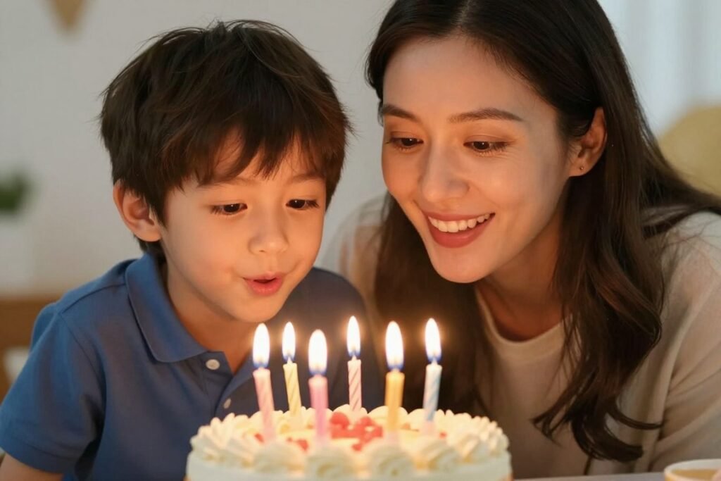Mother and young son blowing out birthday candles together, celebrating happy birthday son from mom
