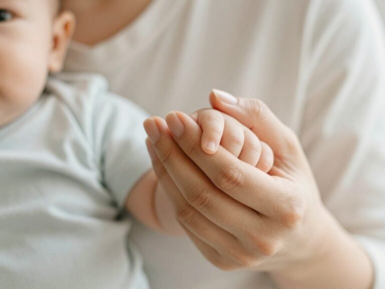 Mother holding her baby son's hand, symbolizing the beginning of their journey together on his happy birthday