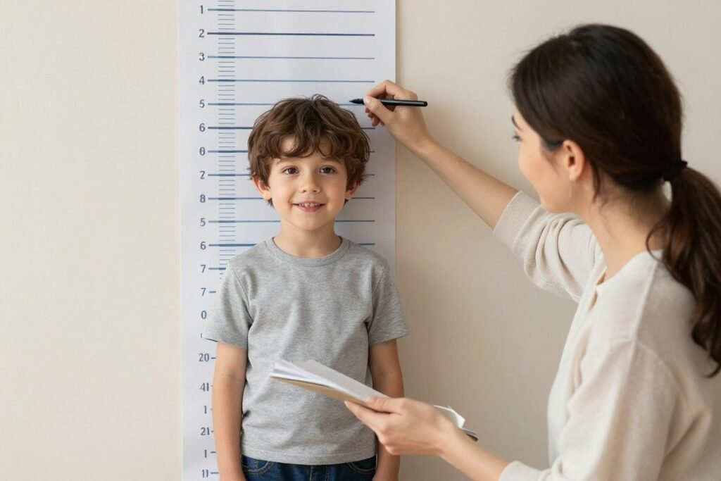 Mother measuring son's height on birthday growth chart, celebrating happy birthday son from mom tradition