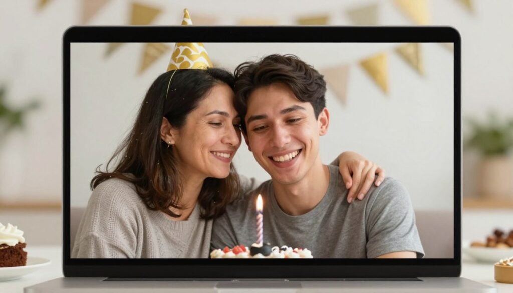 Mother on video call with son for his birthday, showing happy birthday son from mom across distance