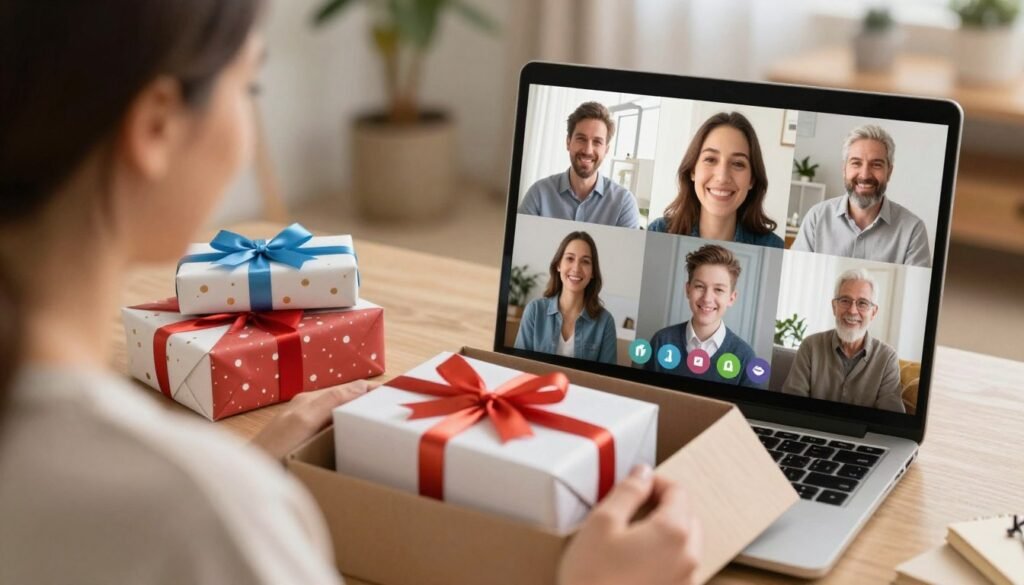 Mother opening a care package with birthday gifts while on a video call with family members who are celebrating remotely Mother opening a care package with birthday gifts while on a video call with family members who are celebrating remotely
