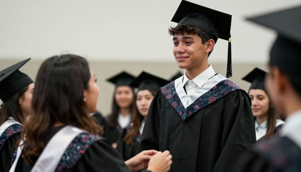 Mother watching proudly as teenage son graduates, representing growth on happy birthday son from mom