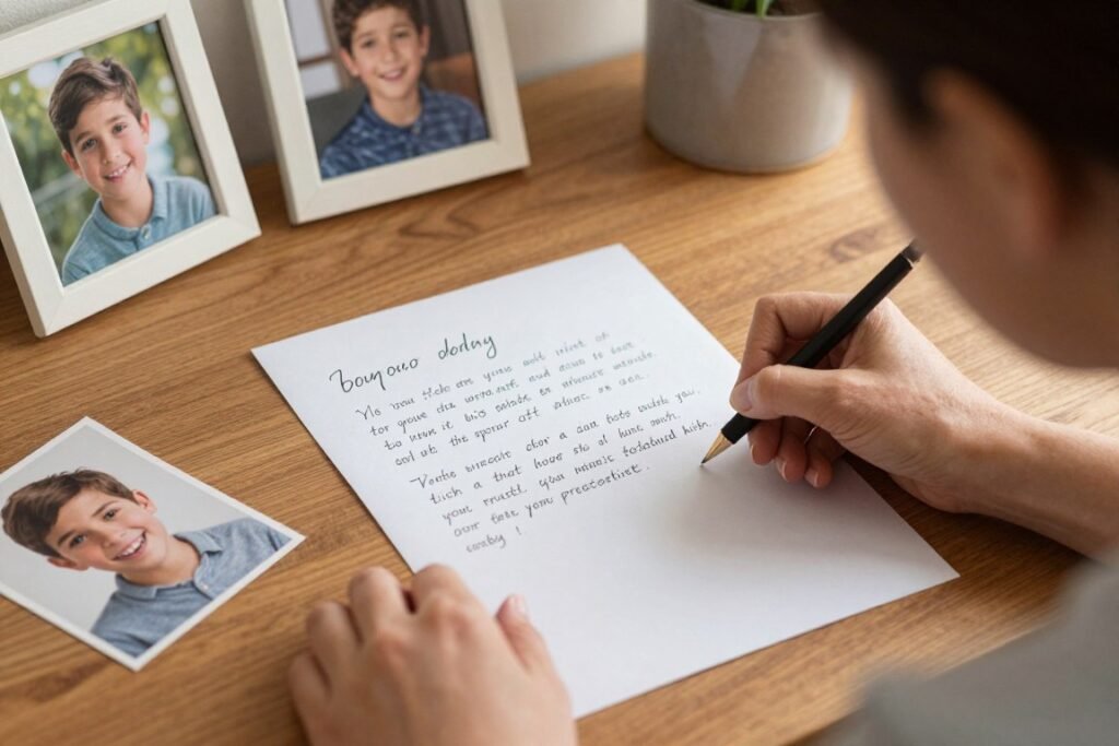 Mother writing heartfelt birthday letter to son, representing happy birthday son from mom message