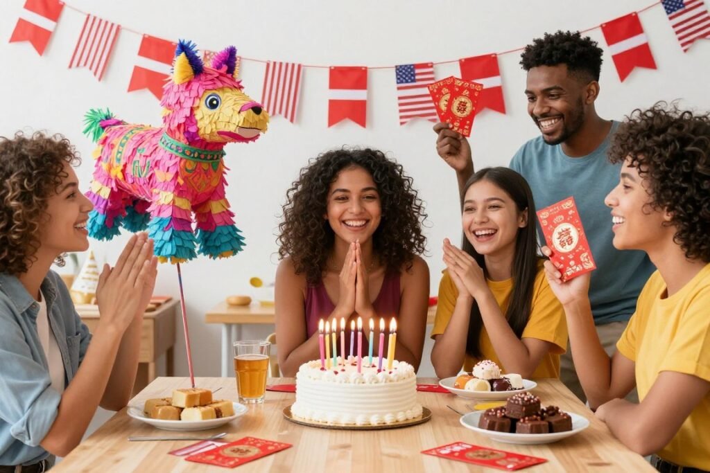 Multicultural birthday celebration showing different traditions from around the world