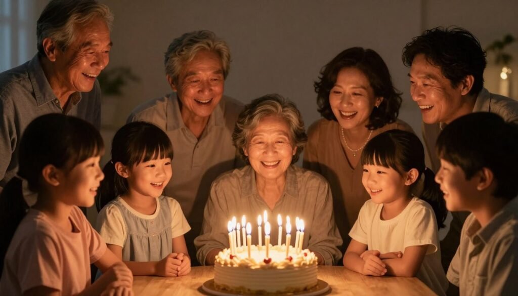 Multigenerational family celebrating birthday with cake and happy birthday song