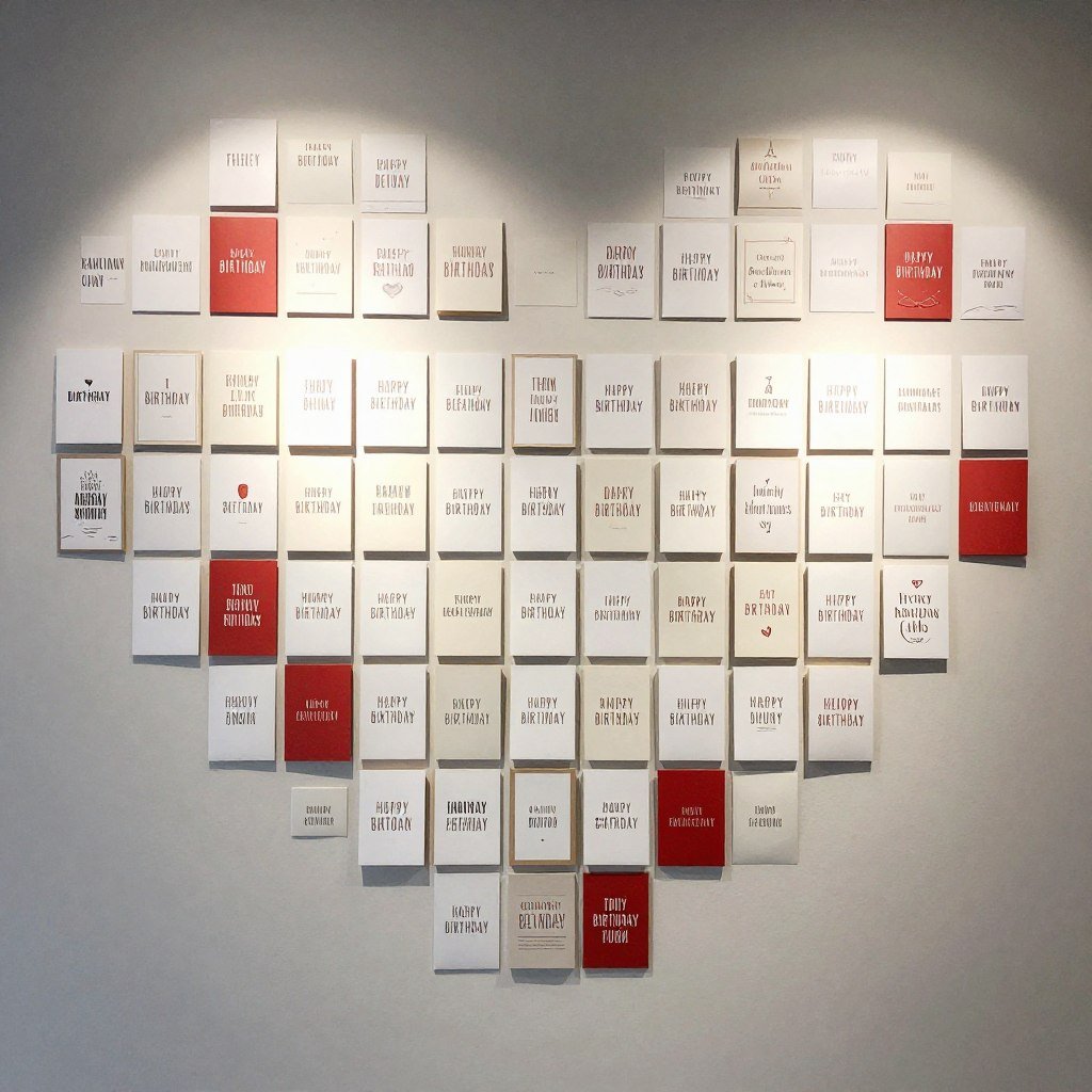 Multiple birthday cards arranged in heart shape on wall Multiple birthday cards arranged in heart shape on wall