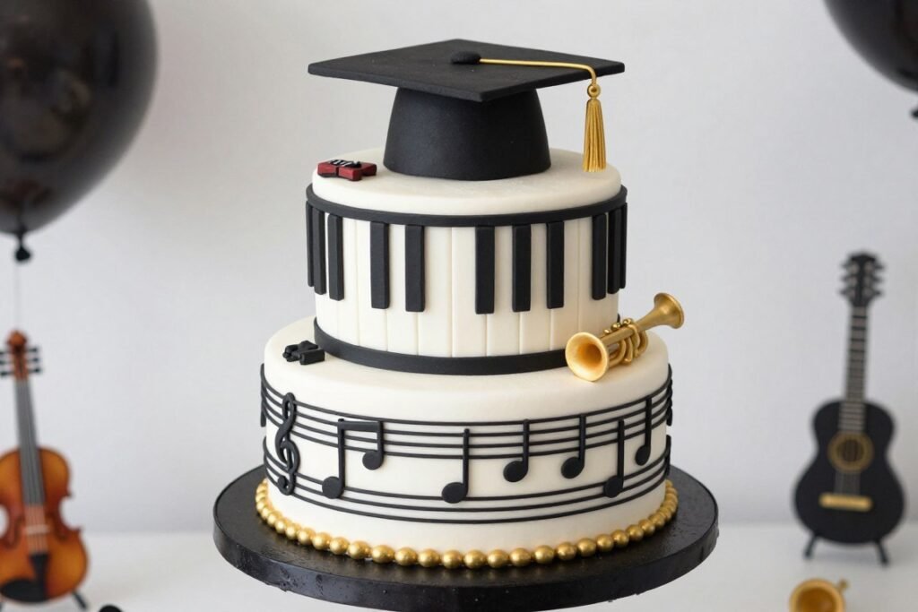 Music-themed graduation cake with fondant musical instruments and notes